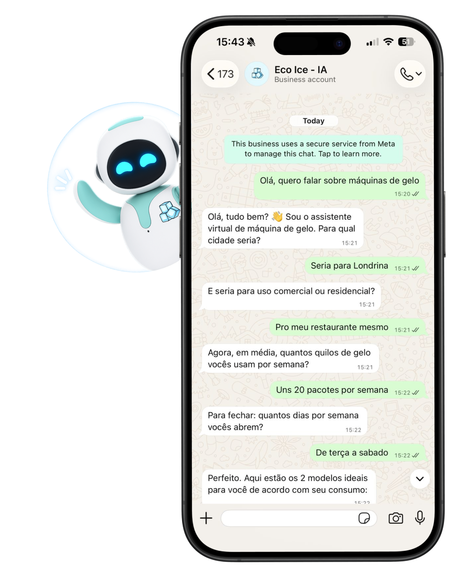 Robô assistente da Eco Ice ao lado do WhatsApp qualificando um lead, com selo do CRM integrado